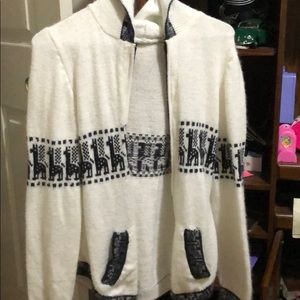 Boho white and black llama zip sweater